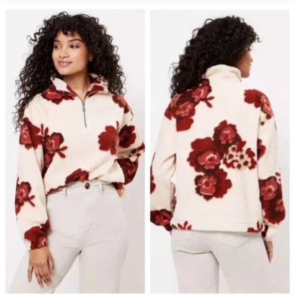 Loft Sherpa Floral 1/4 Zip Mock Neck Ivory Red Cozy Long Sleeves Jacket Sz L - Picture 1 of 11